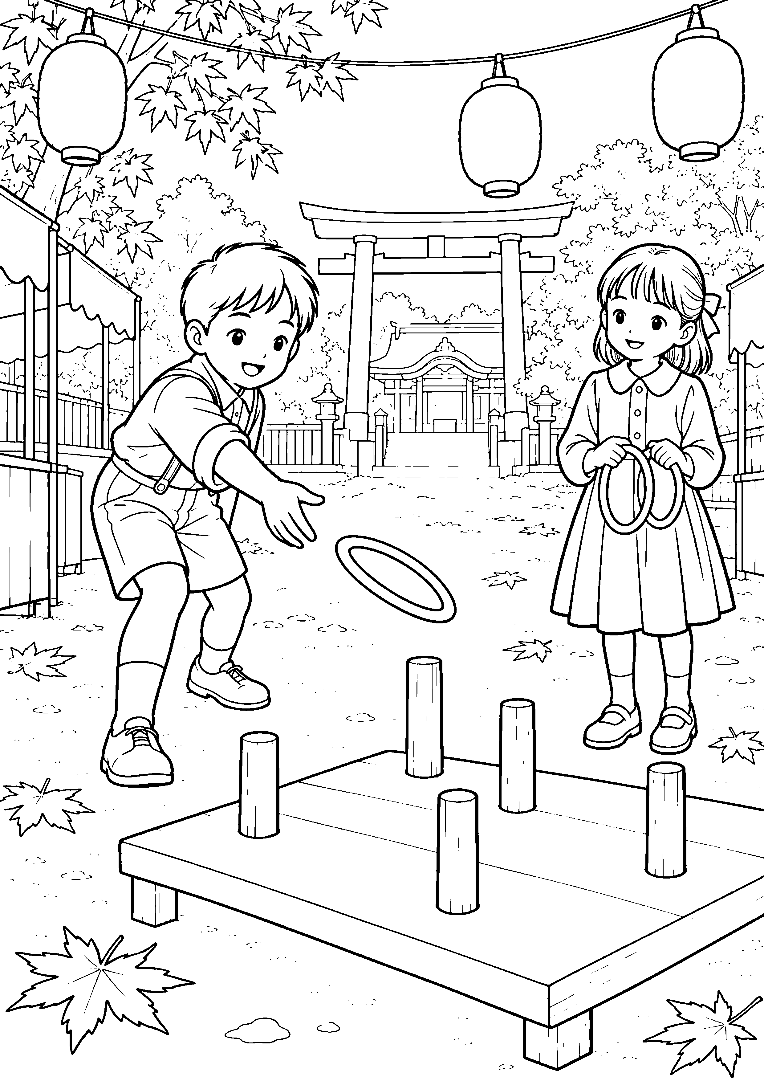秋祭りの境内で輪投げをする子どもたちの白黒塗り絵