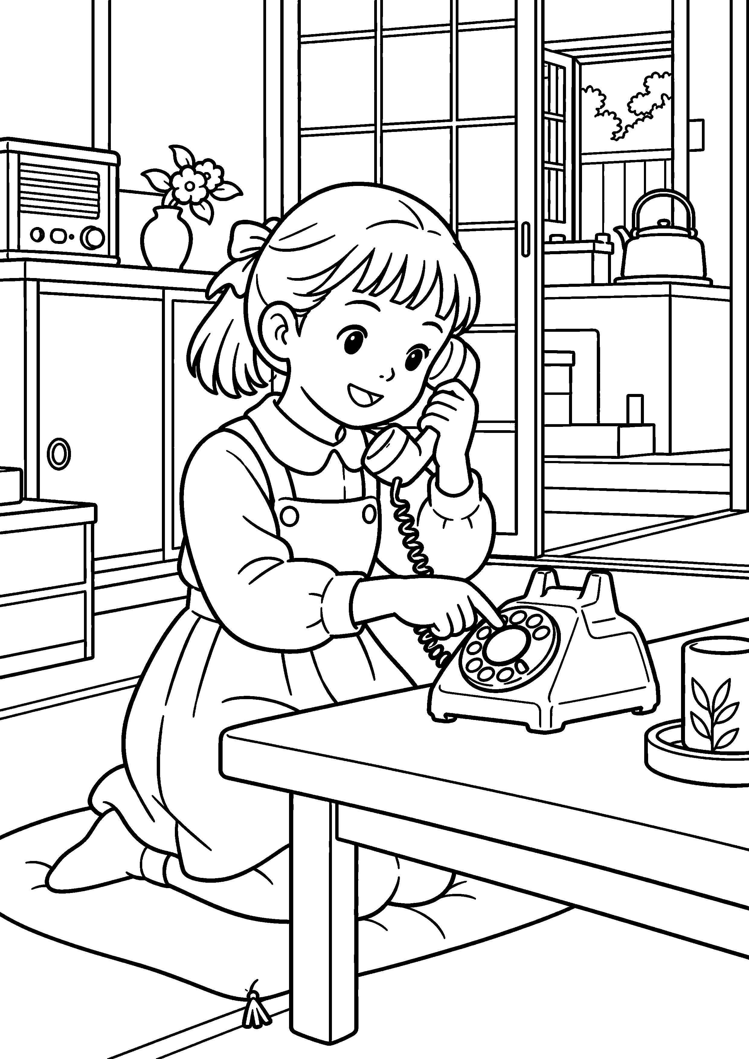 女の子が黒いダイヤル式電話の受話器を持ち、指で円盤を回す白黒の塗り絵。髪と道具も塗れる線画