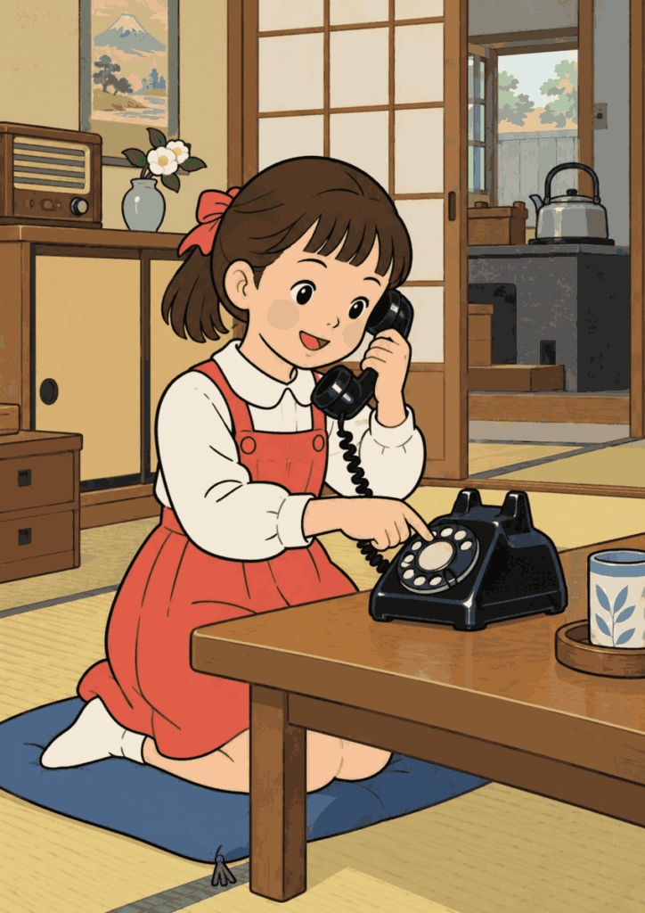 女の子が黒いダイヤル式電話の受話器を持ち、指で円盤を回す着色見本