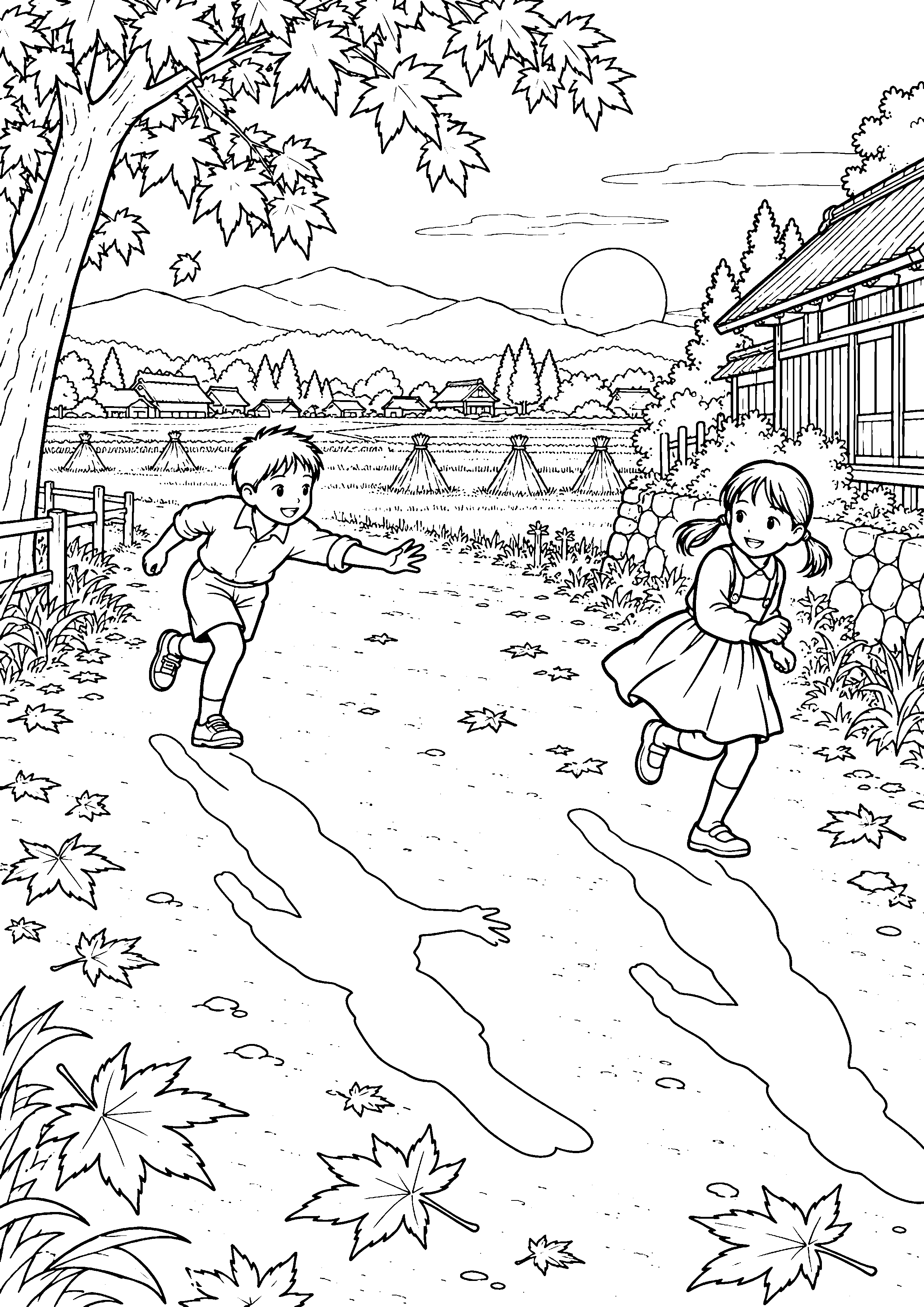 【昔の遊び】夕暮れの影踏みの塗り絵