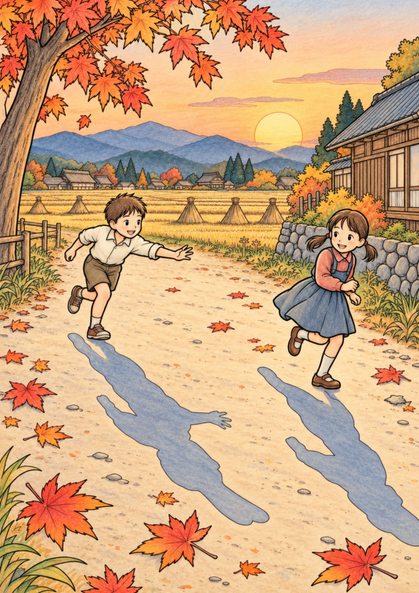 秋の夕暮れに影踏みをする子どもたちの着色見本