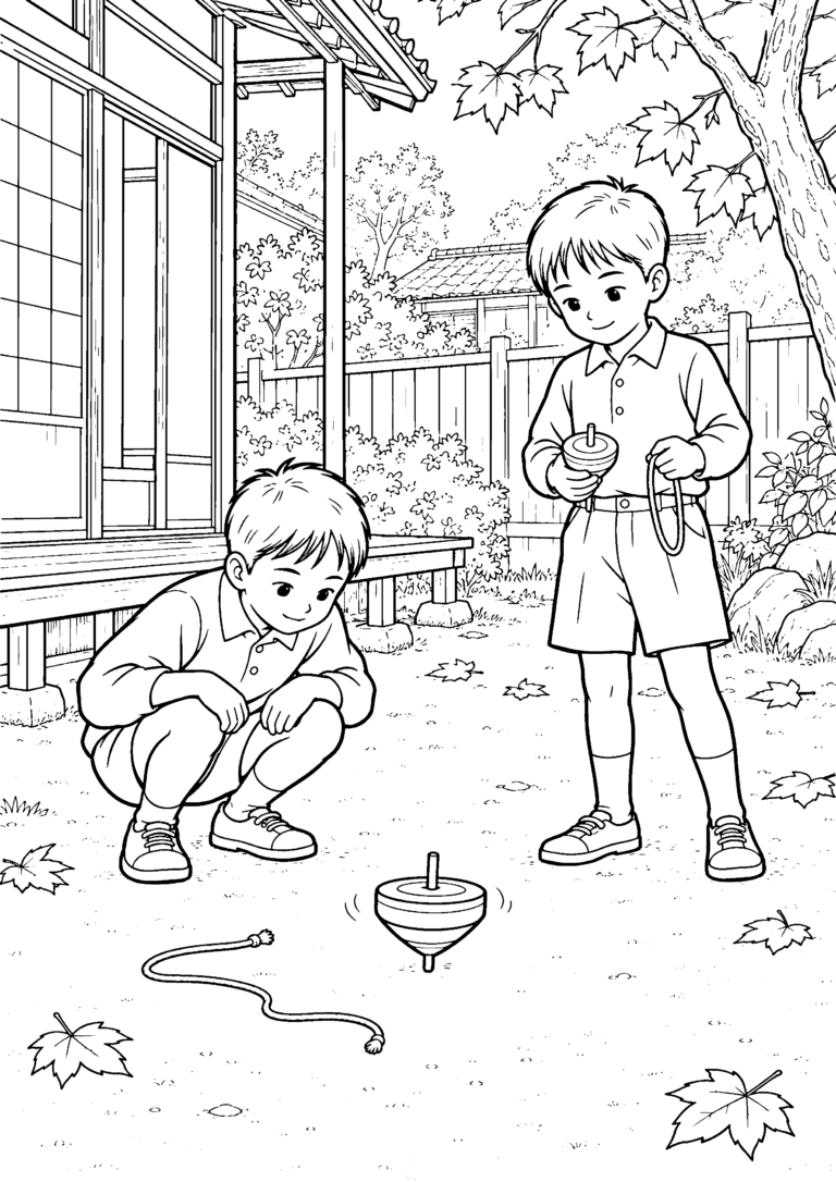 秋の庭先でこま回しをする子どもたちの白黒塗り絵