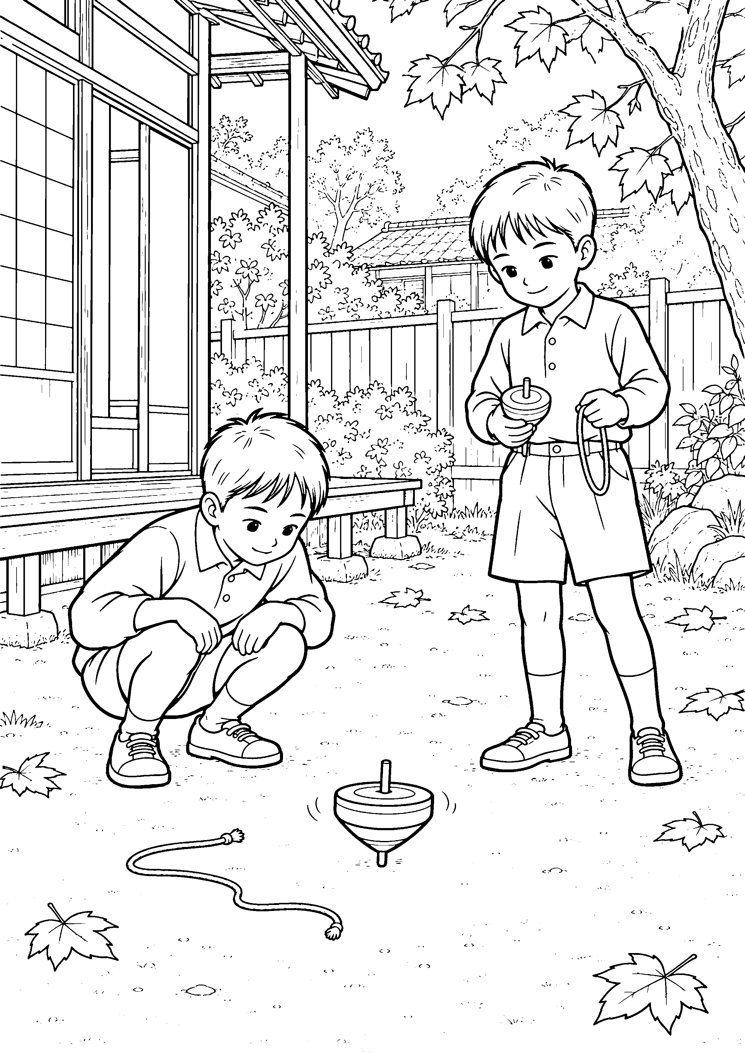 秋の庭先でこま回しをする子どもたちの白黒塗り絵
