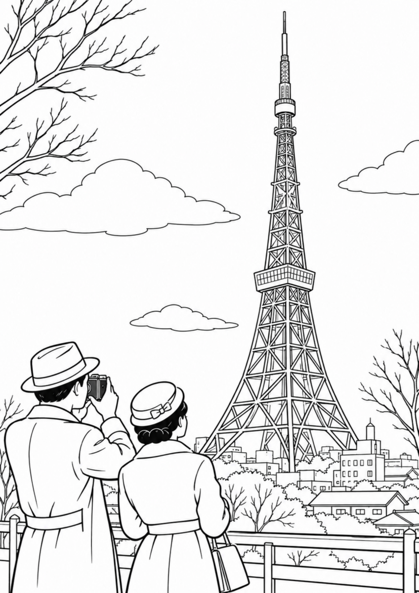 昭和３３年ごろの東京タワーをカメラを持った男女が眺める高齢者向け白黒塗り絵