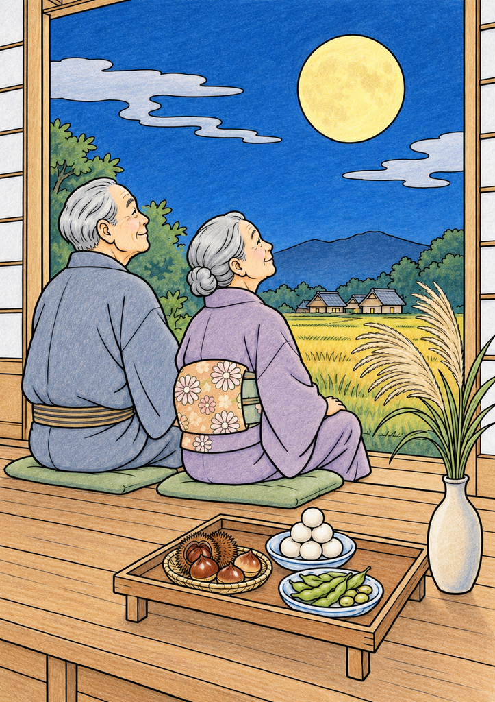 縁側から秋の夜空と月を眺める二人、すすき、栗、団子を落ち着いた秋色で彩った着色見本