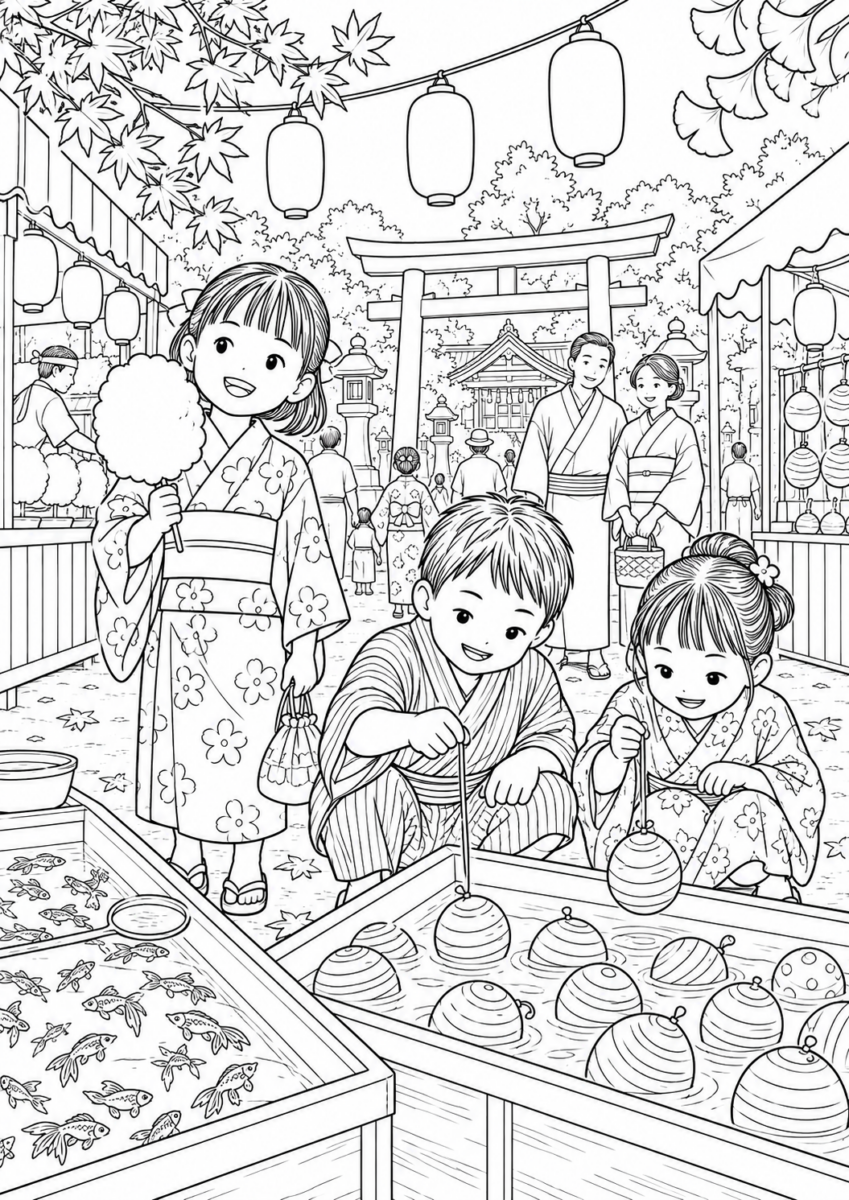 紅葉した神社の秋祭りで、浴衣姿の子どもたちが綿あめ、ヨーヨー釣り、金魚すくいを楽しむ白黒の塗り絵