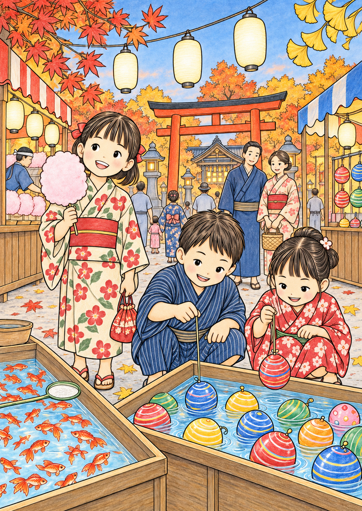 赤や青の浴衣、色とりどりのヨーヨー、赤い金魚、紅葉と鳥居を昭和の祭りらしい色で彩った着色見本