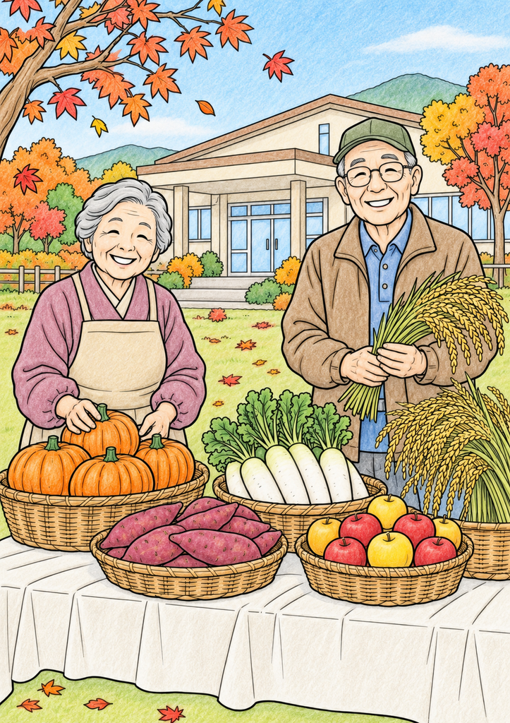 秋色の野菜や果物と稲穂を前に、高齢の男女が収穫祭を楽しむ様子を描いた着色見本
