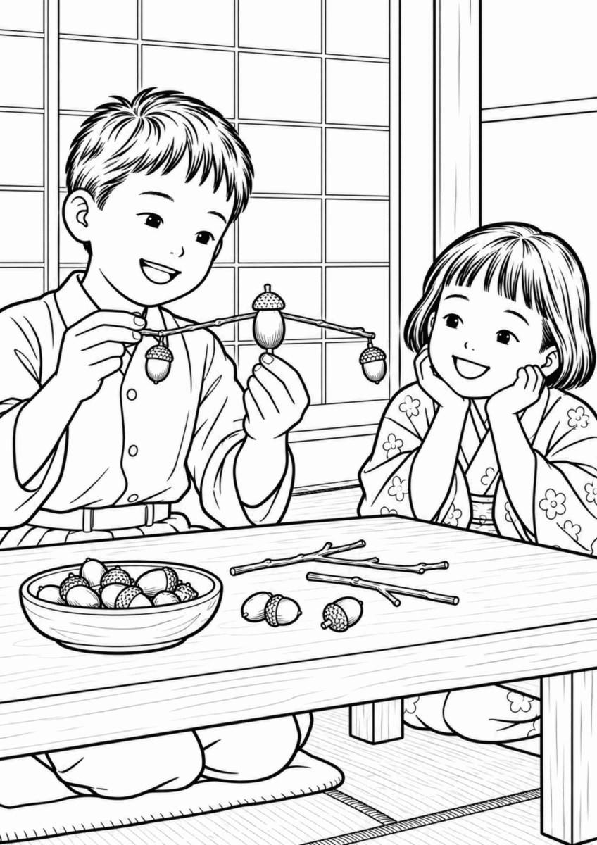 どんぐりと小枝でやじろべえを作る昔の子どもの白黒線画塗り絵