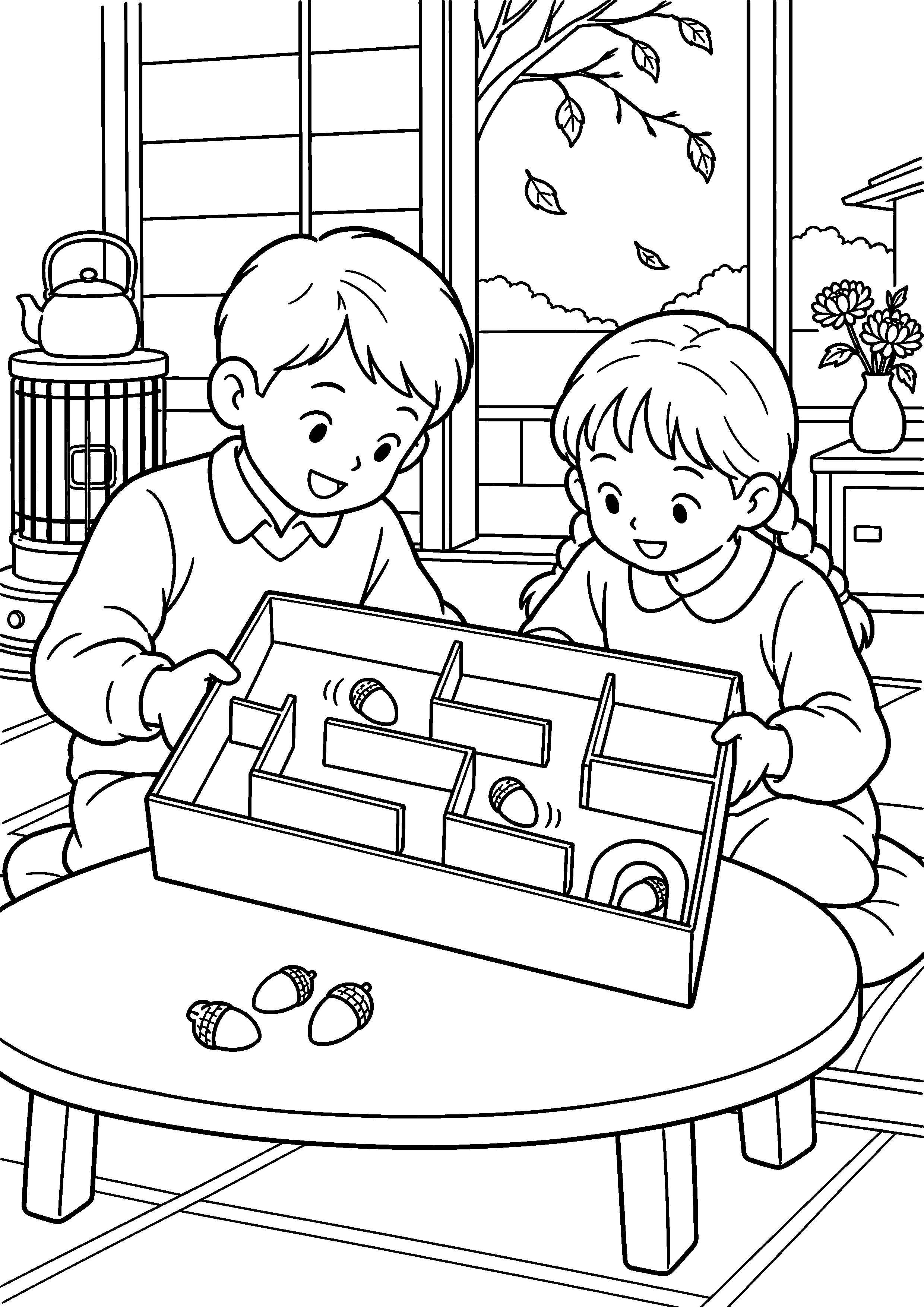 昭和の居間で、兄妹が仕切りをつけた菓子箱を傾け、どんぐりをゴールへ転がしている様子を、太く見やすい黒線で描いた高齢者向け塗り絵