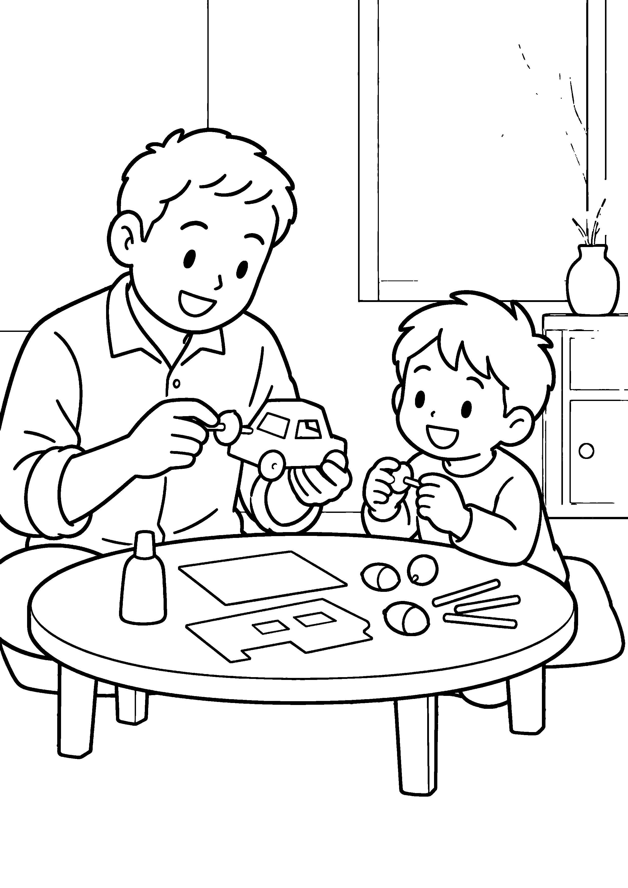 昭和のちゃぶ台で、父親と子どもが厚紙の車体とどんぐりの車輪で小さな車を作っている様子を、太く見やすい黒線で描いた高齢者向け塗り絵