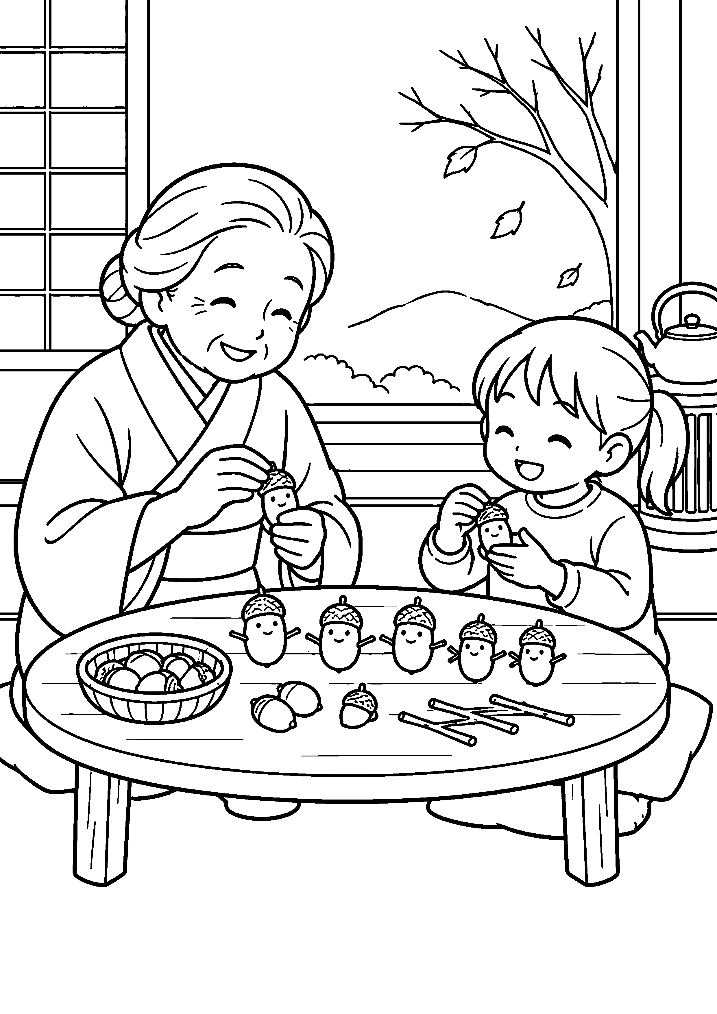 昭和のちゃぶ台で、祖母と孫がどんぐりに帽子と顔をつけ、小さな人形を並べている様子を、太く見やすい黒線で描いた高齢者向け塗り絵
