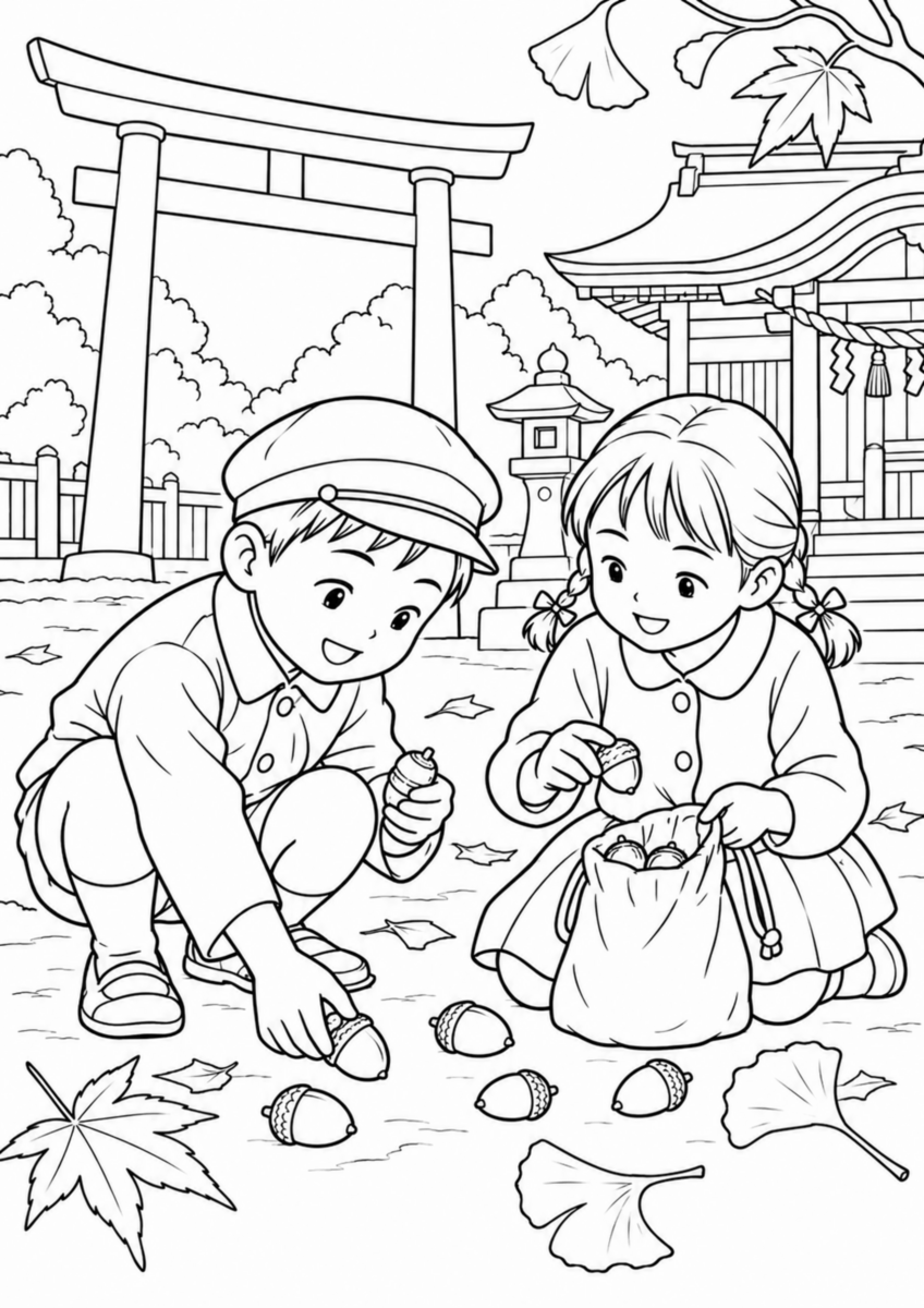 神社の境内で、二人の子どもが大きなどんぐりを拾い、小さな布袋に入れている様子を、太く見やすい黒線で描いた高齢者向け塗り絵