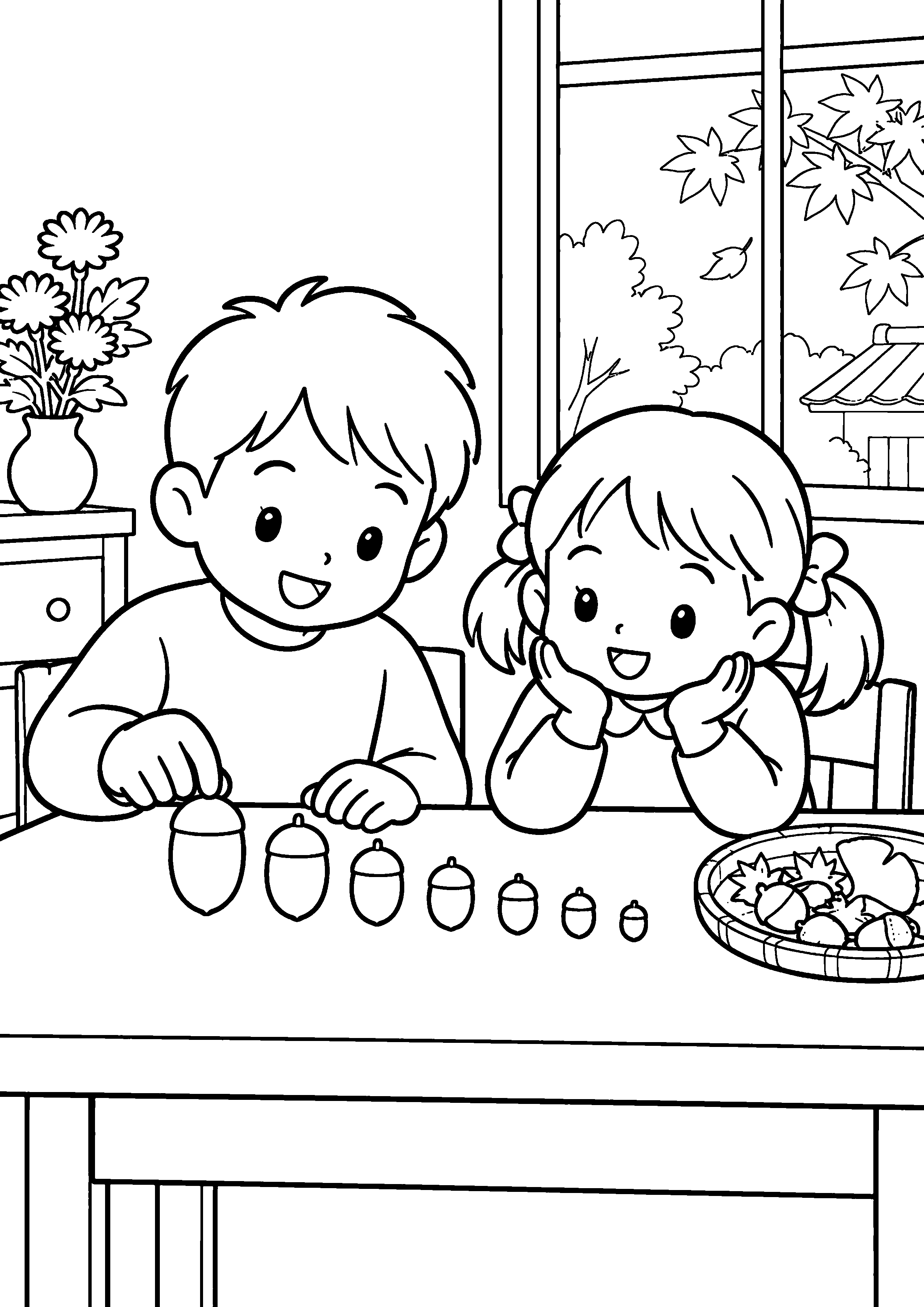 昭和の木の机で、兄妹が大きさの違うどんぐりを一列に立て、背の順に並べている様子を、太く見やすい黒線で描いた高齢者向け塗り絵