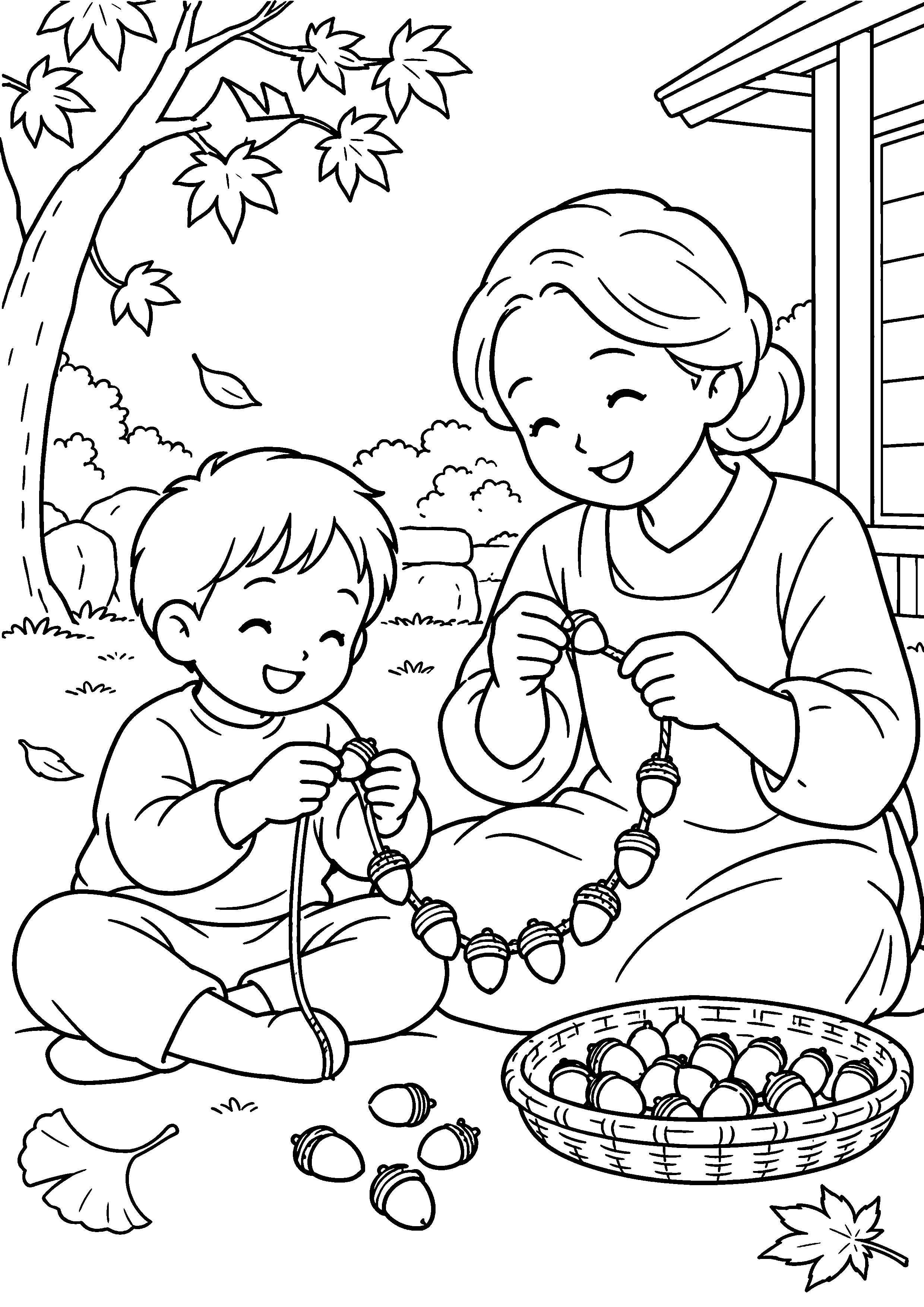 秋の庭で、母親と子どもが穴を開けたどんぐりを太いひもに通して首飾りを作っている様子を、太く見やすい黒線で描いた高齢者向け塗り絵