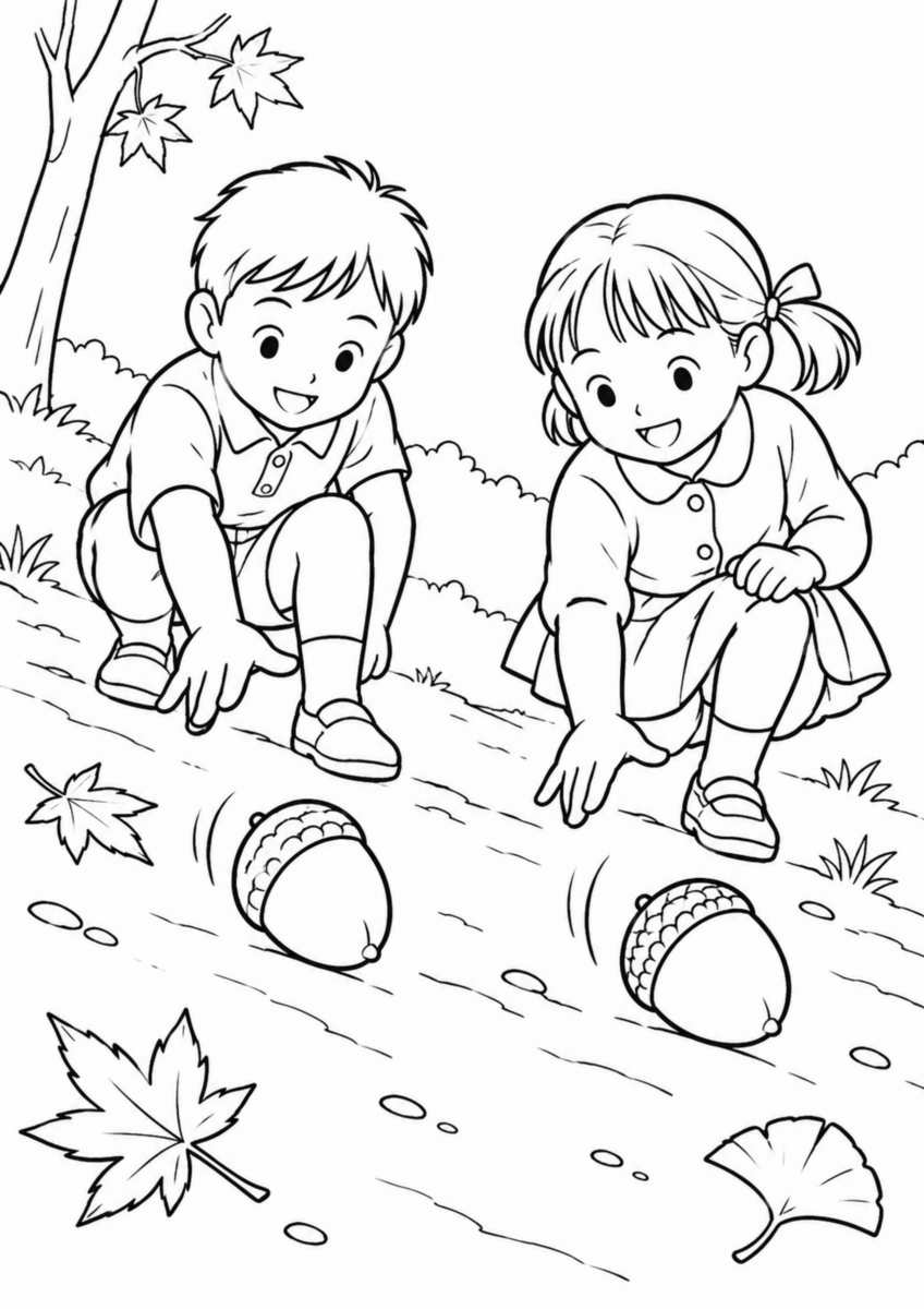緩やかな土の坂で、二人の子どもが大きなどんぐりを同時に転がし、どちらが先に着くか見ている様子を、太く見やすい黒線で描いた高齢者向け塗り絵
