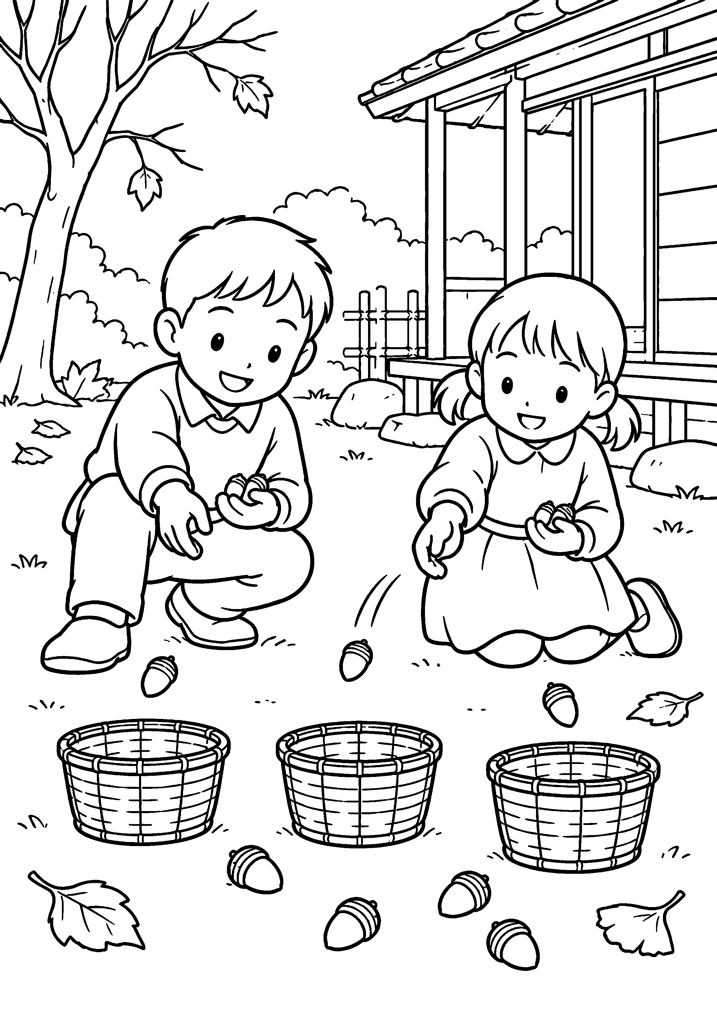 昭和の庭先で、二人の子どもが近い位置からどんぐりを三つの小さな竹かごへ投げ入れている様子を、太く見やすい黒線で描いた高齢者向け塗り絵