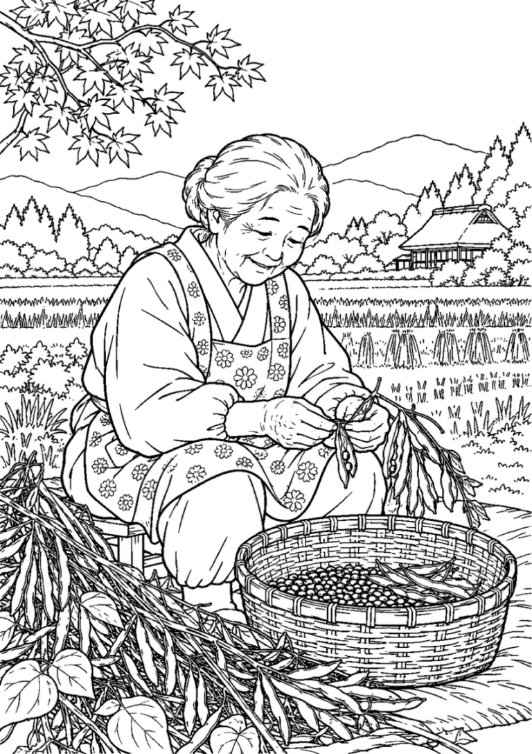 小豆のさや取りを10月の場面として描いた高齢者向けの白黒線画塗り絵