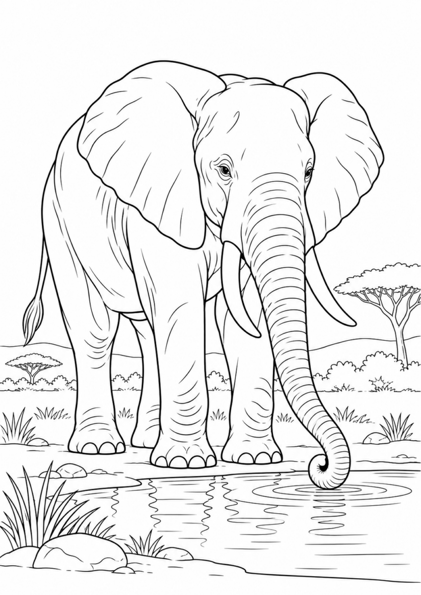 水を飲むアフリカゾウを描いた高齢者向けの白黒線画塗り絵