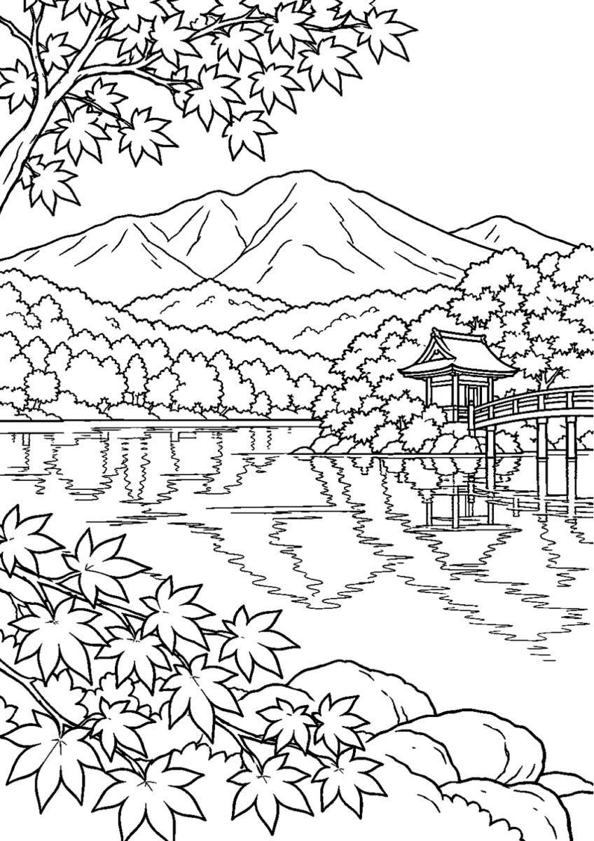 赤城山大沼の紅葉を10月の場面として描いた高齢者向けの白黒線画塗り絵
