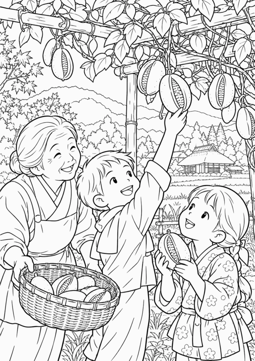【１０月】あけび採りの塗り絵
