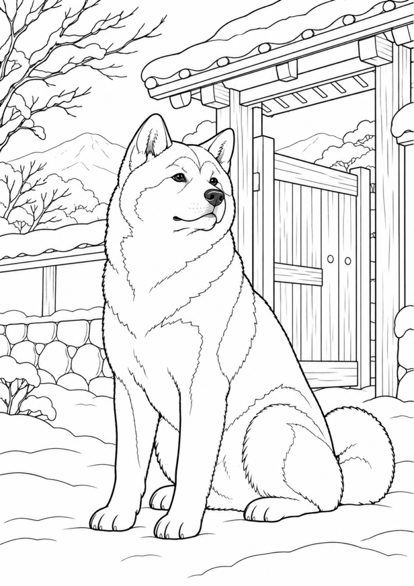 雪の門前に座る秋田犬を描いた高齢者向けの白黒線画塗り絵