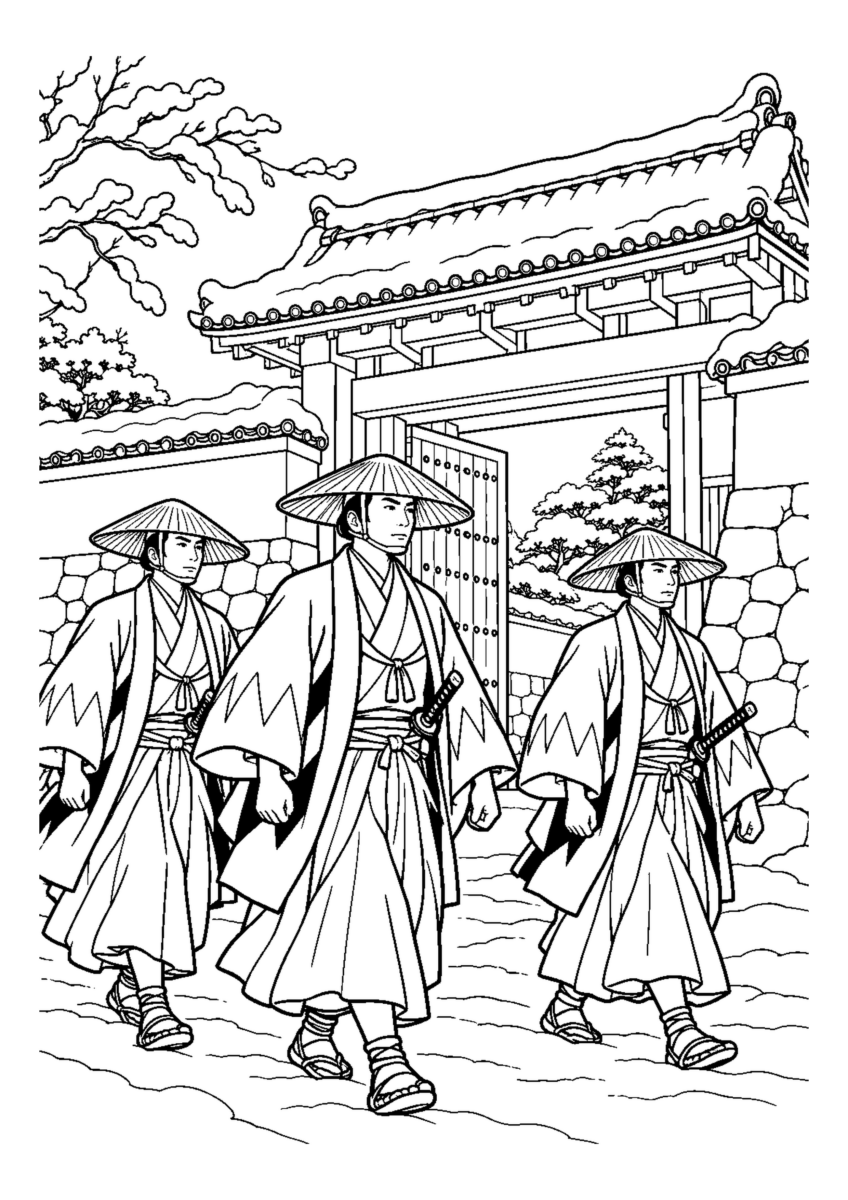 陣笠姿の義士行列3人と城門。白黒の高齢者向け塗り絵