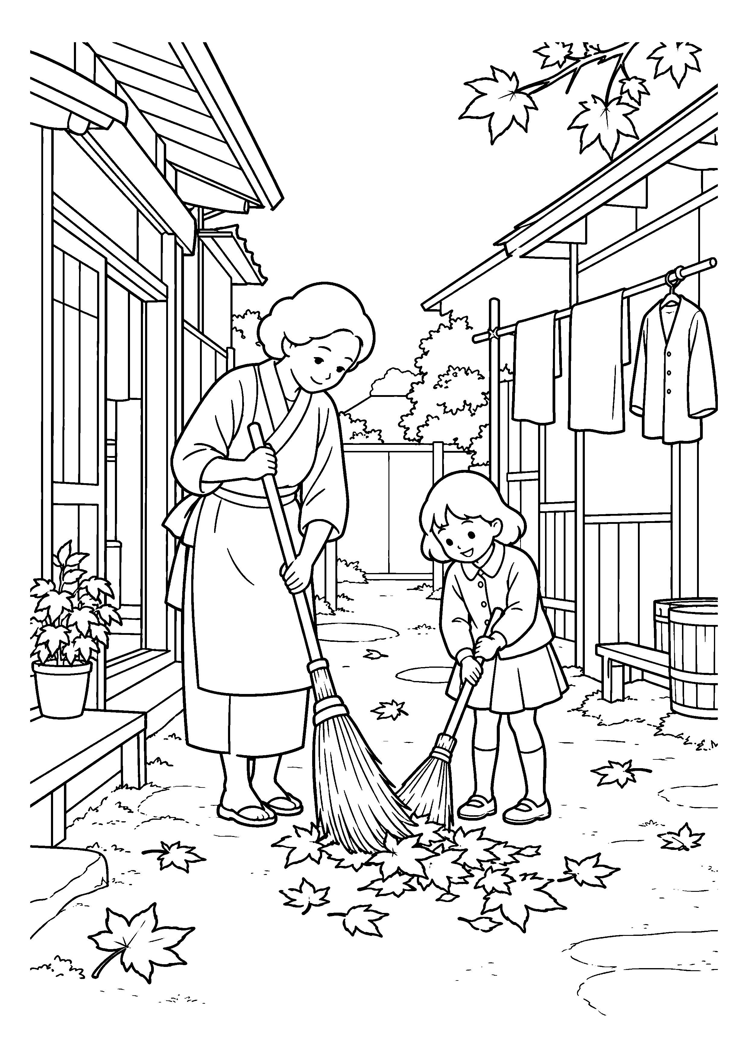 【１１月】洗濯物のある家並みの塗り絵