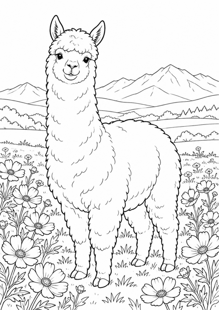 花畑のアルパカを描いた高齢者向けの白黒線画塗り絵