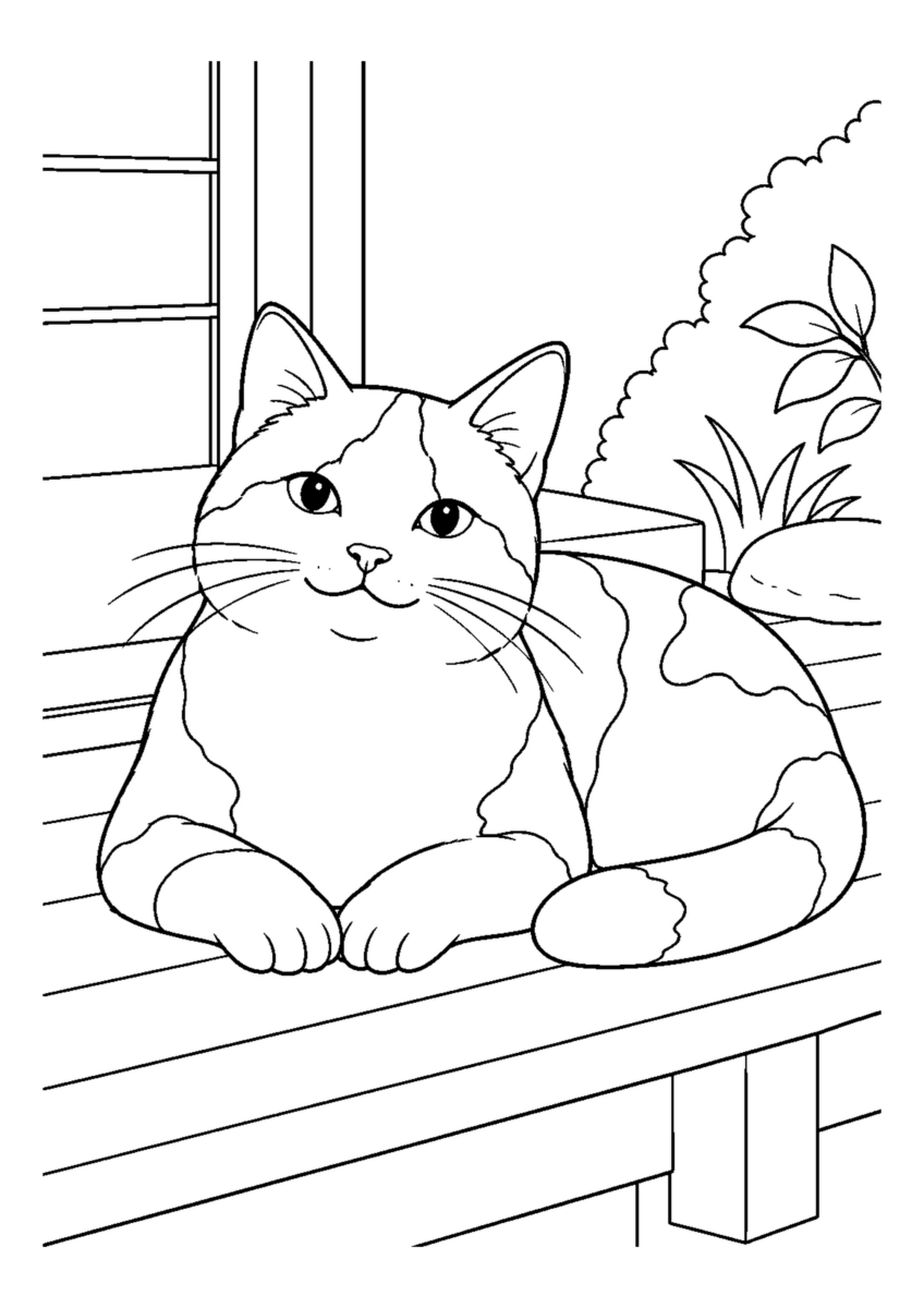 縁側の三毛猫を大きく描いた高齢者向けの白黒塗り絵