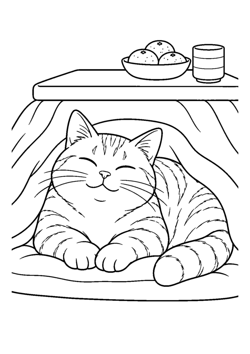 こたつの茶トラ猫を大きく描いた高齢者向けの白黒塗り絵