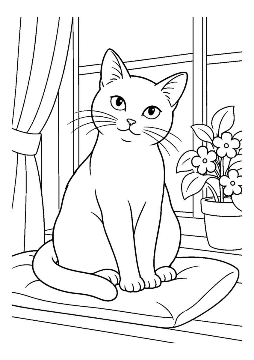 窓辺の黒猫を大きく描いた高齢者向けの白黒塗り絵