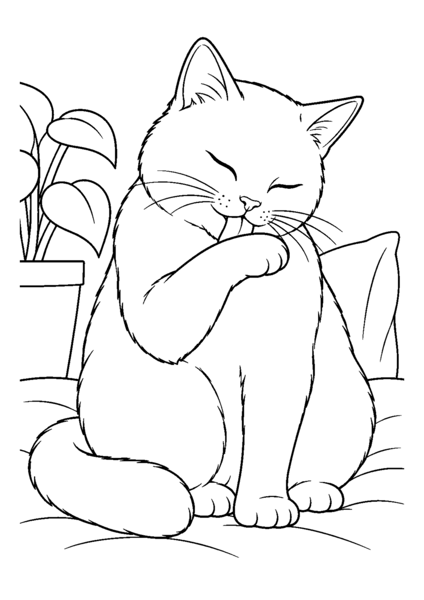 白猫の毛づくろいを大きく描いた高齢者向けの白黒塗り絵