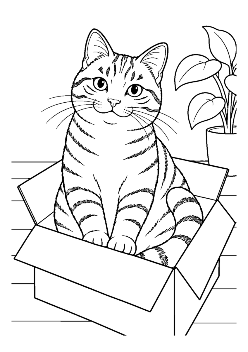 段ボール箱のサバトラ猫を大きく描いた高齢者向けの白黒塗り絵