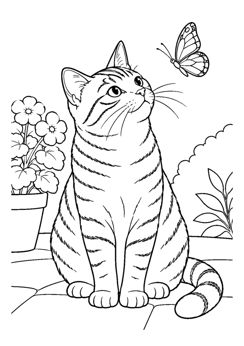 蝶を見つめるキジトラ猫を大きく描いた高齢者向けの白黒塗り絵