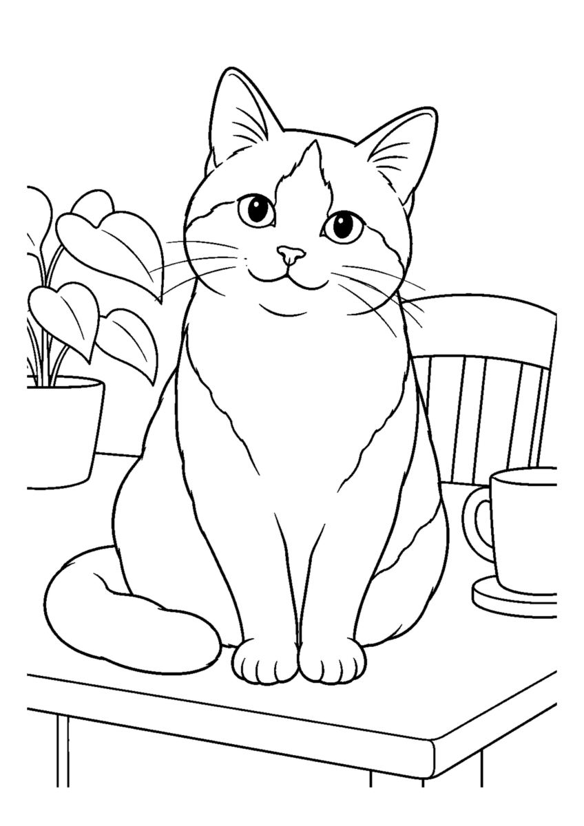 机に座るハチワレ猫を大きく描いた高齢者向けの白黒塗り絵