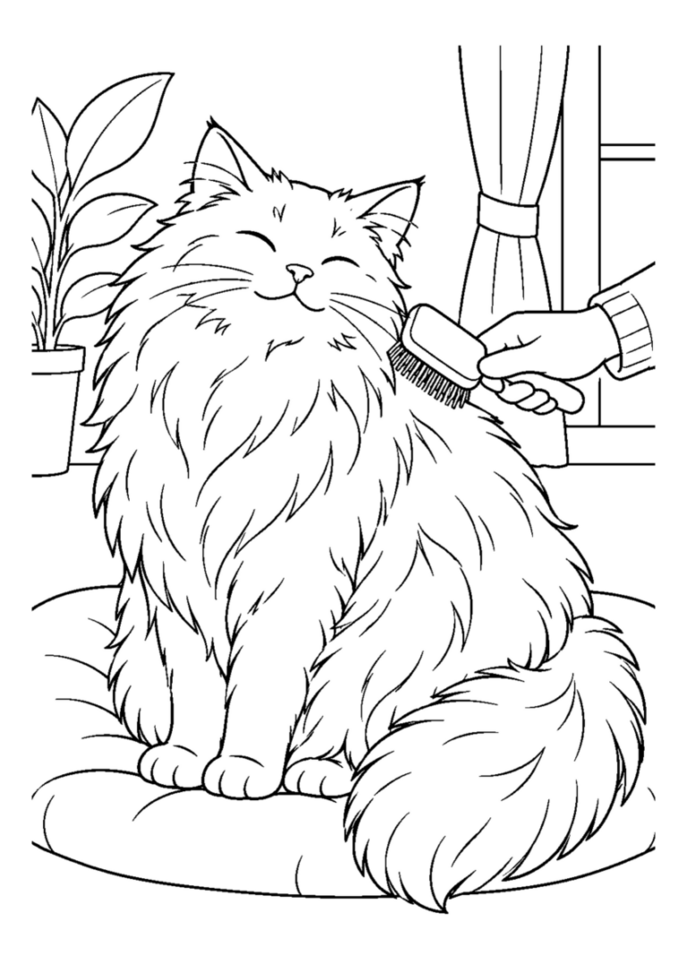 長毛猫のブラッシングを大きく描いた高齢者向けの白黒塗り絵