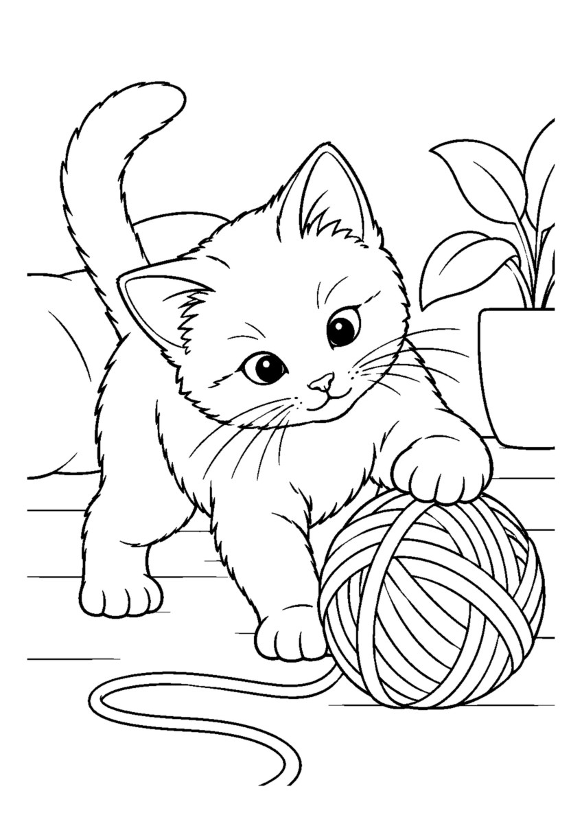 毛糸玉で遊ぶ子猫を大きく描いた高齢者向けの白黒塗り絵