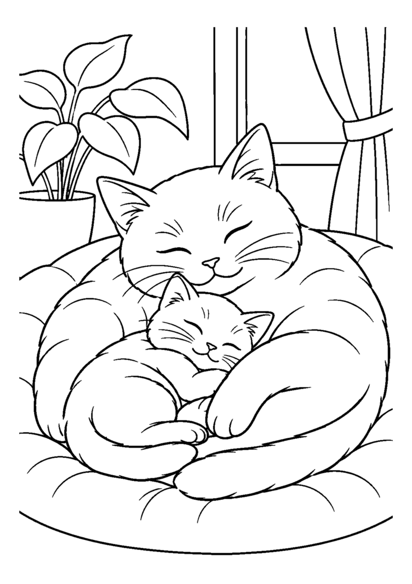 親猫と子猫の昼寝を大きく描いた高齢者向けの白黒塗り絵