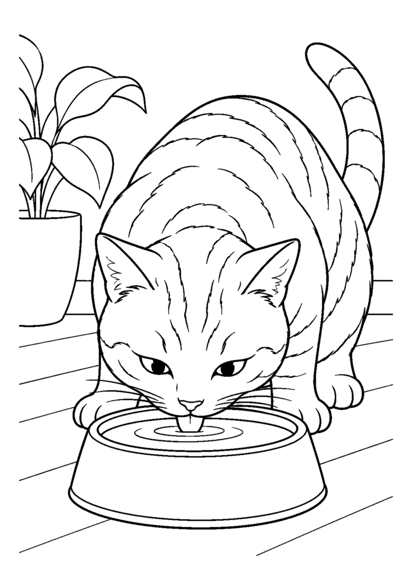 器から水を飲む猫を大きく描いた高齢者向けの白黒塗り絵
