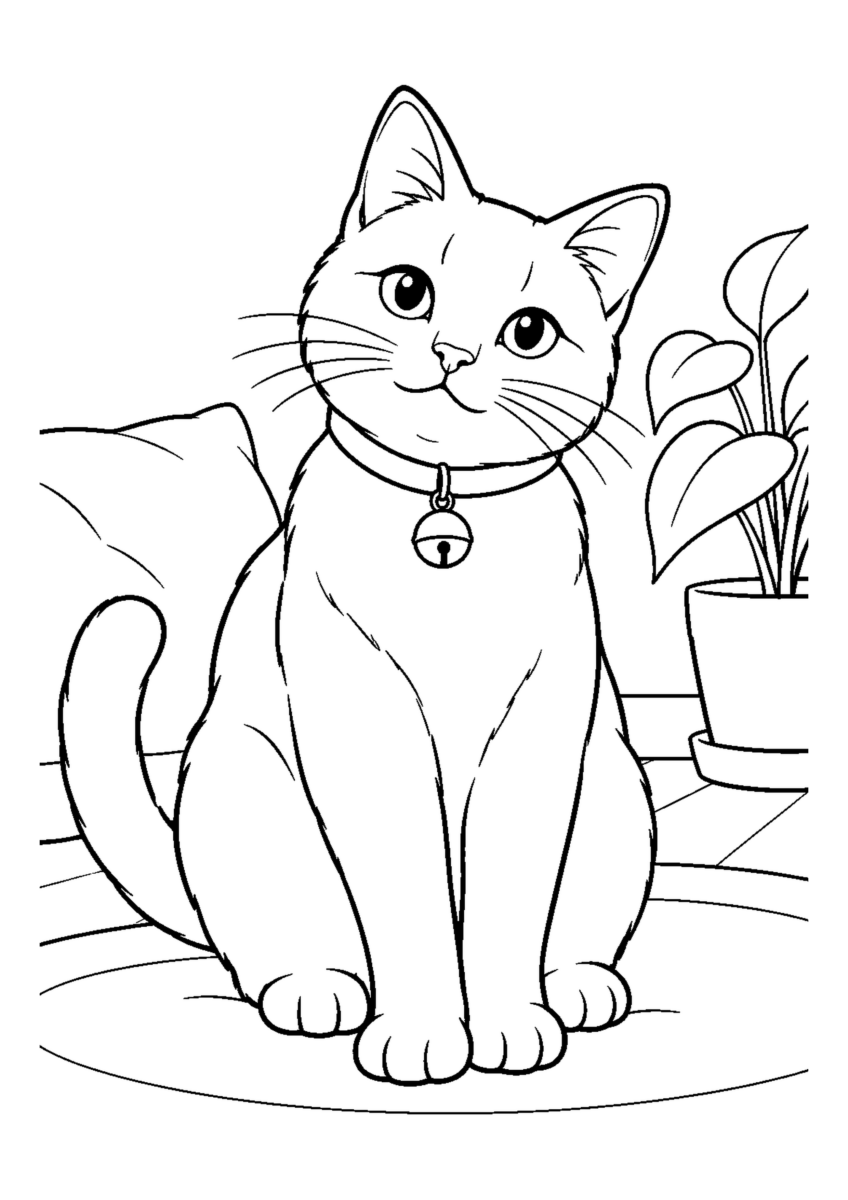 鈴の首輪をつけた猫を大きく描いた高齢者向けの白黒塗り絵