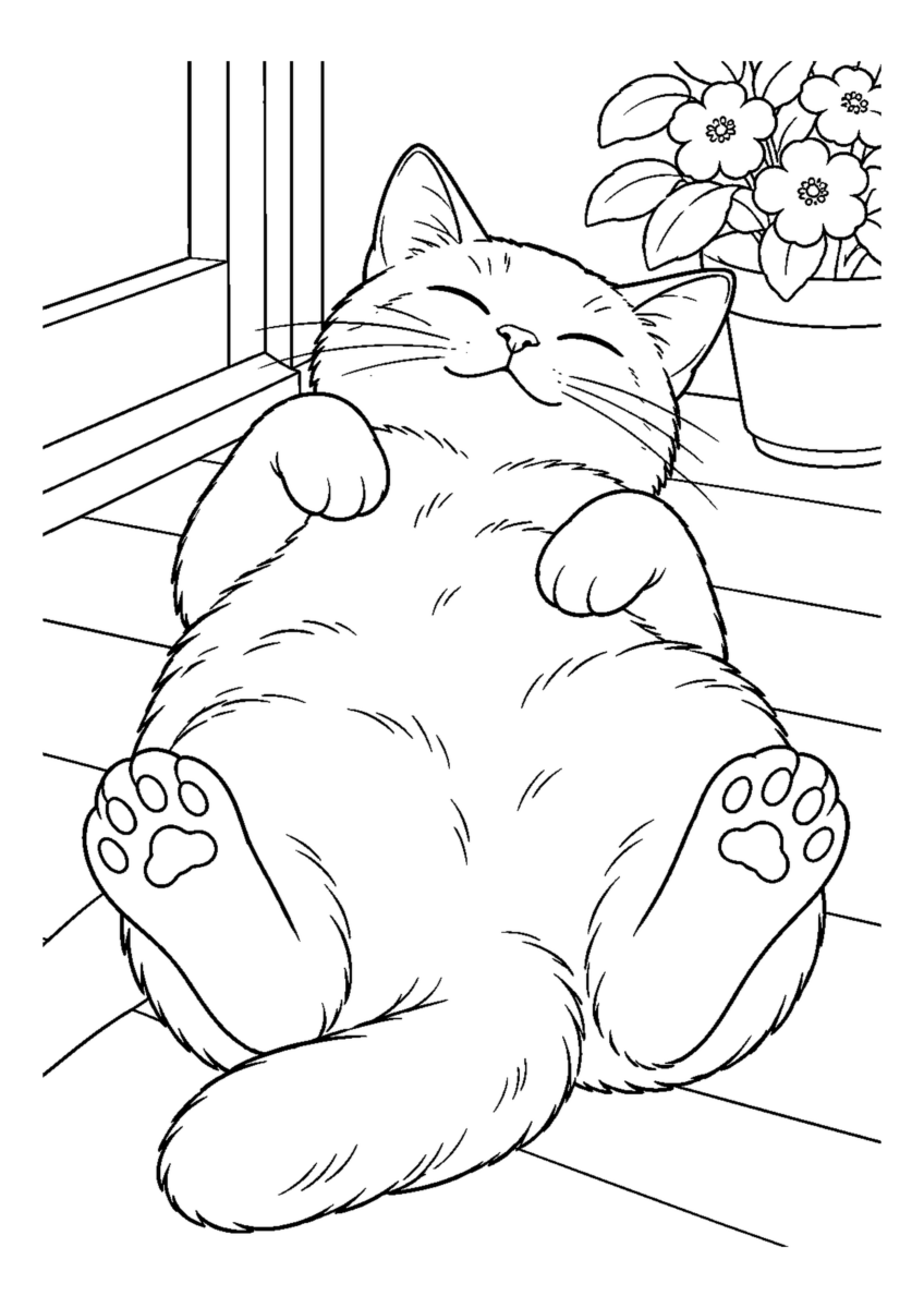 日なたで肉球を見せる猫を大きく描いた高齢者向けの白黒塗り絵