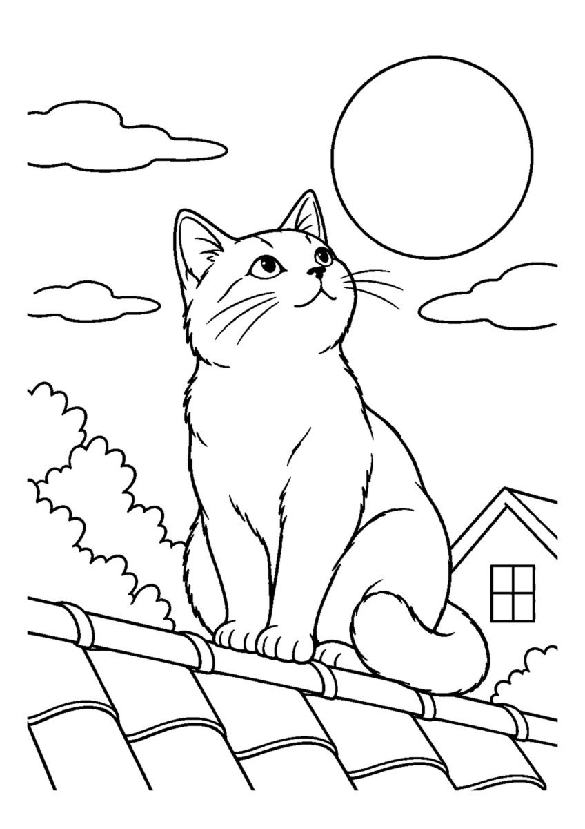 屋根で月を見る猫を大きく描いた高齢者向けの白黒塗り絵