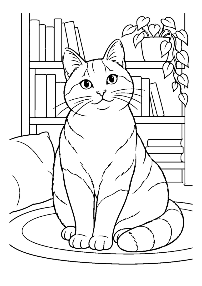 本棚の前の猫を大きく描いた高齢者向けの白黒塗り絵
