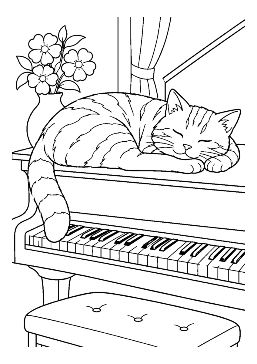 ピアノの上で眠る猫を大きく描いた高齢者向けの白黒塗り絵