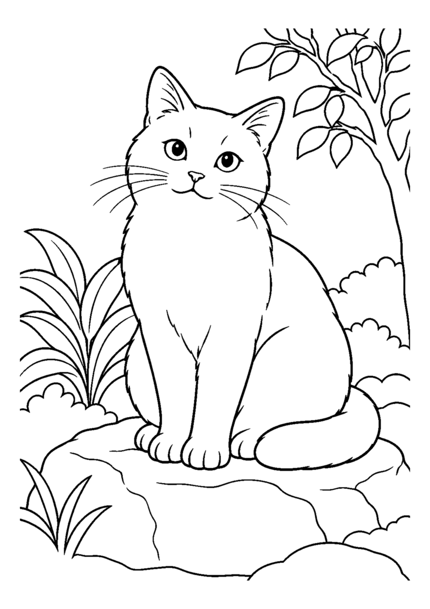 庭石に座る猫を大きく描いた高齢者向けの白黒塗り絵
