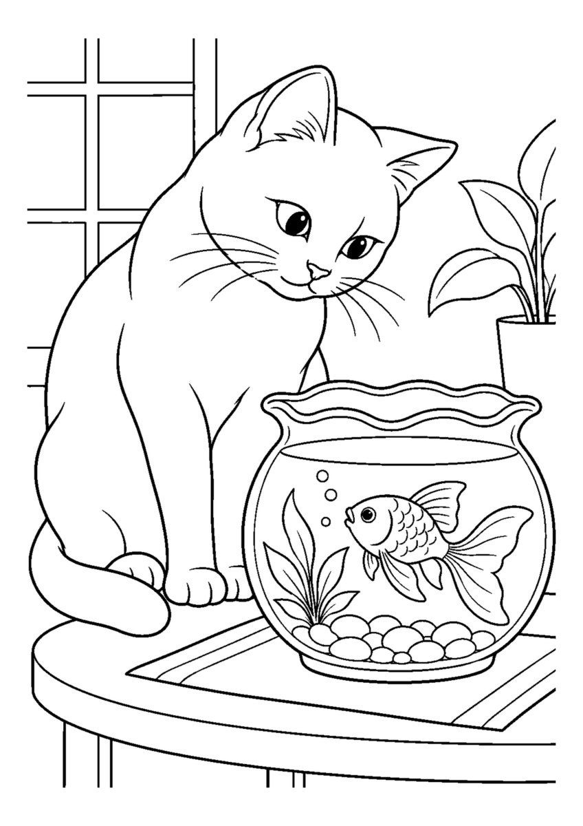 金魚鉢を眺める猫を大きく描いた高齢者向けの白黒塗り絵
