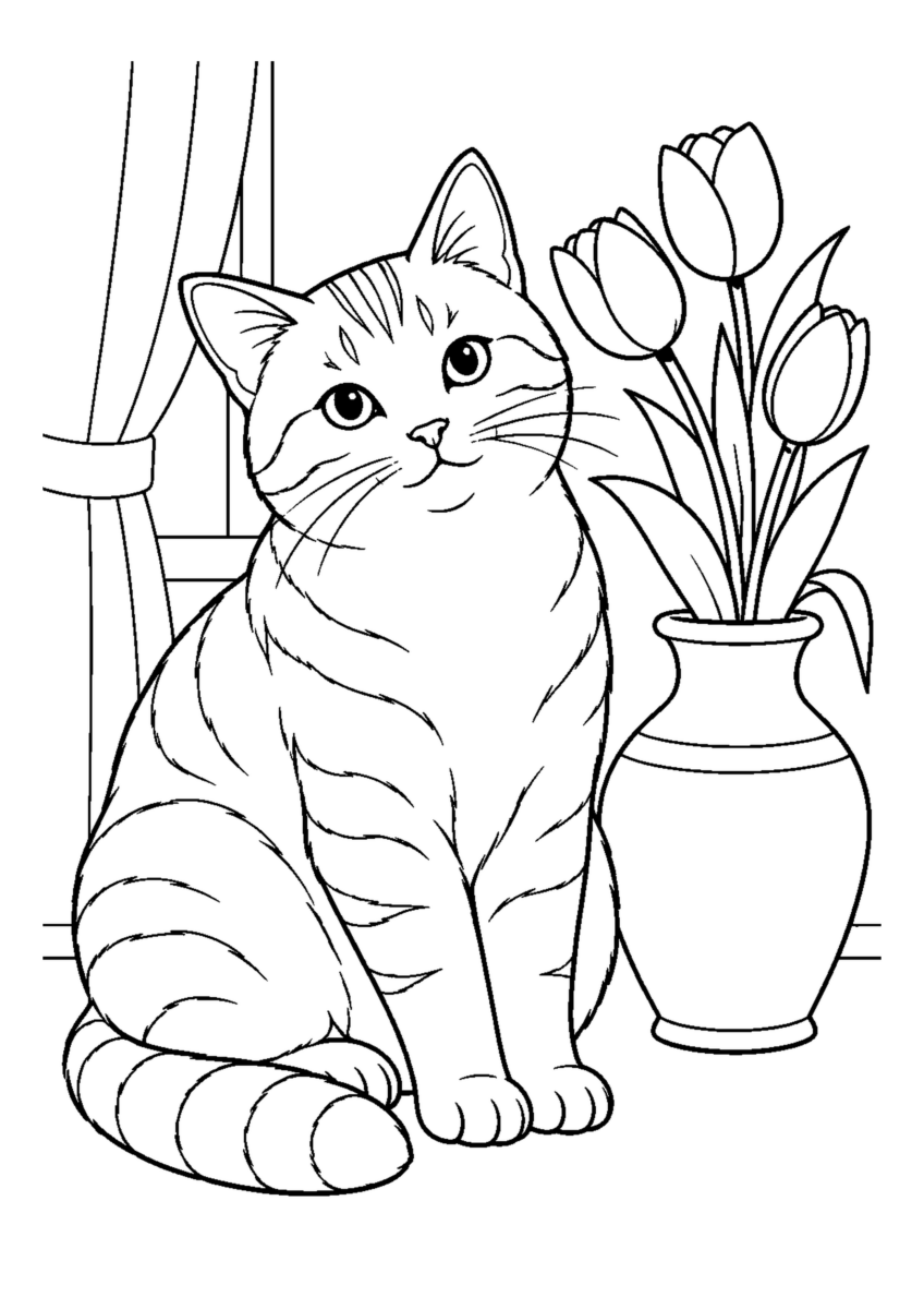 花瓶のそばの猫を大きく描いた高齢者向けの白黒塗り絵