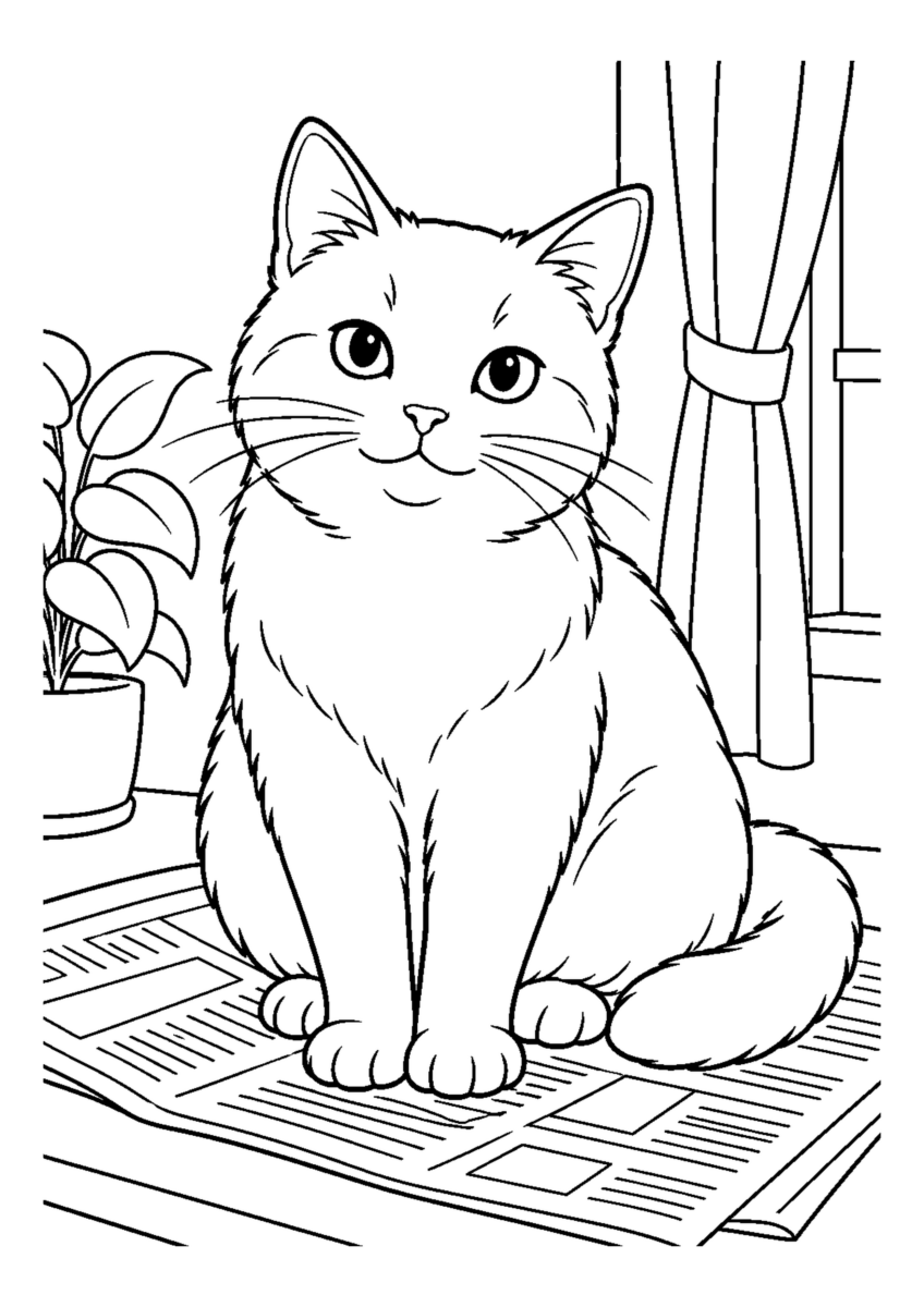 新聞の上に座る猫を大きく描いた高齢者向けの白黒塗り絵