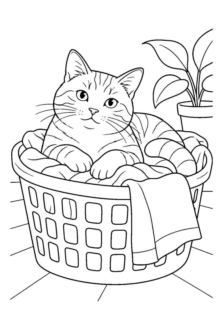 洗濯かごに入る猫を大きく描いた高齢者向けの白黒塗り絵
